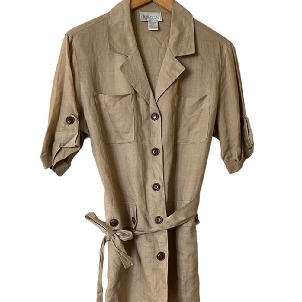 JORDAN 100% Linen Tie Waist 4-Pocket Short Sleeve Safari Shirt, Natural / Tan